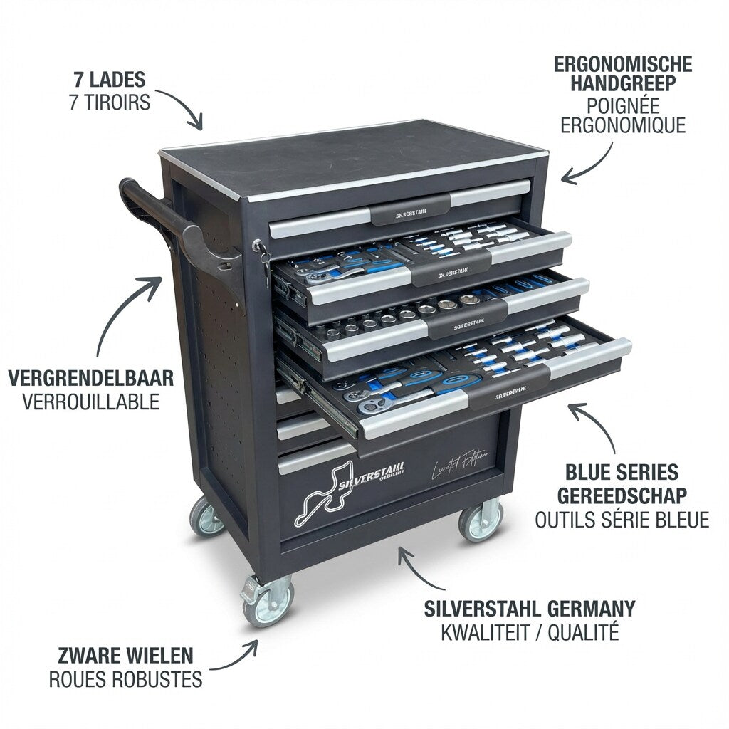 Silverstahl 266-delige Stevige Gereedschapswagen met 7 Laden met Gereedschap – Afsluitbaar – Werkplaatswagen